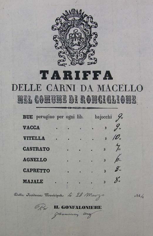 1864 -1- Tariffa delle carni da macello